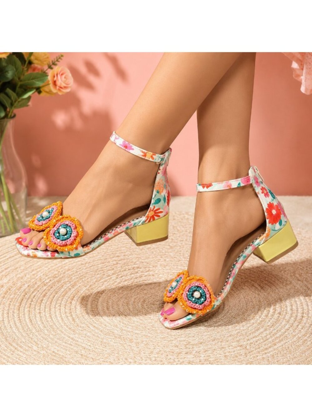 Betsey Johnson Floral Beaded Sandals Women 9.5 Boho Block Heel Ankle Strap...